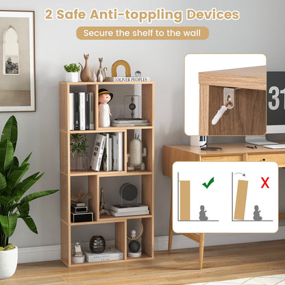 5-Tier Geometric Bookshelf with 8 Cubes Floor Standing Open Display-Natural