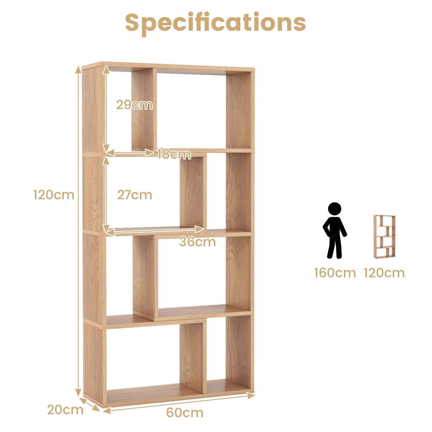 5-Tier Geometric Bookshelf with 8 Cubes Floor Standing Open Display-Natural