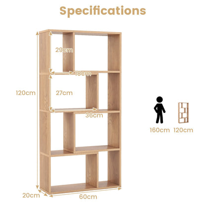 5-Tier Geometric Bookshelf with 8 Cubes Floor Standing Open Display-Natural