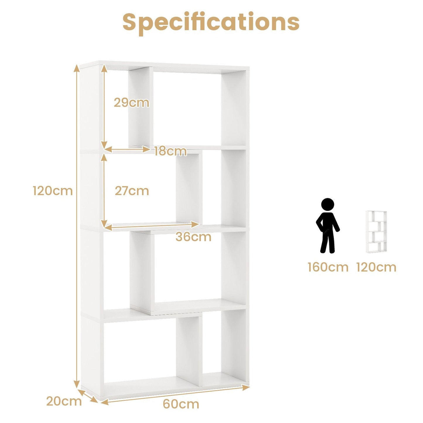 5-Tier Geometric Bookshelf with 8 Cubes Floor Standing Open Display-White