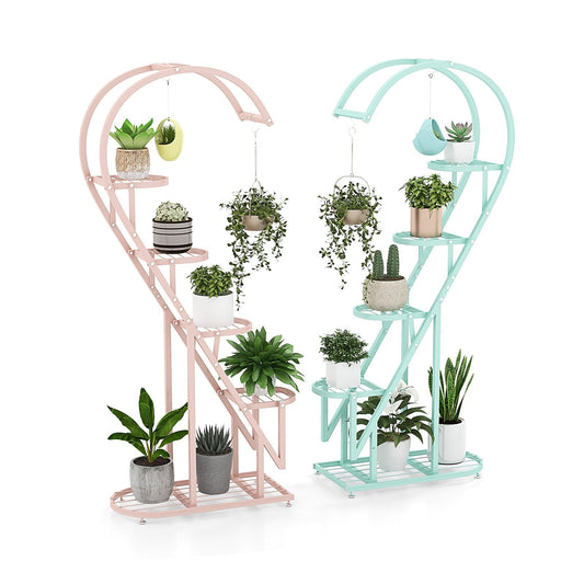 5-Tier Metal Heart-shaped Plant Stand with Hanging Hooks-Pink &amp; Blue