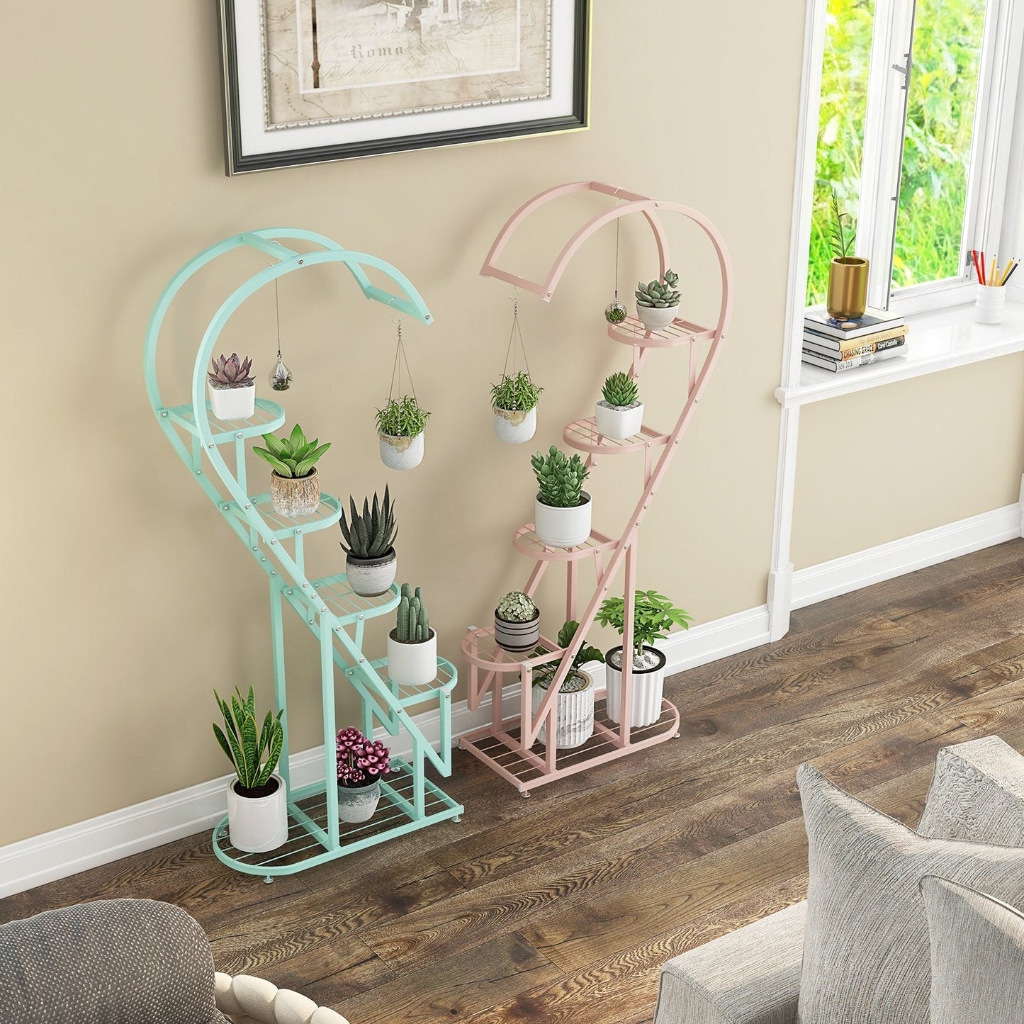 5-Tier Metal Heart-shaped Plant Stand with Hanging Hooks-Pink &amp; Blue