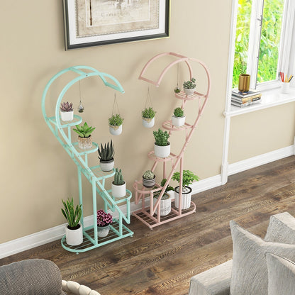5-Tier Metal Heart-shaped Plant Stand with Hanging Hooks-Pink &amp; Blue