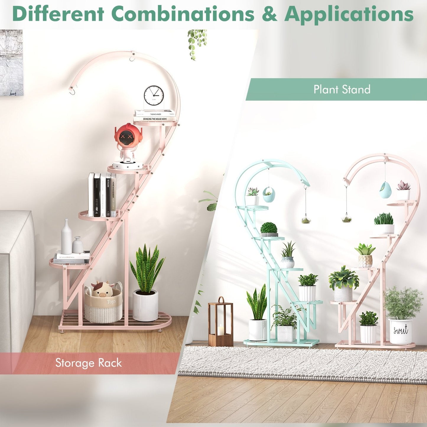 5-Tier Metal Heart-shaped Plant Stand with Hanging Hooks-Pink &amp; Blue