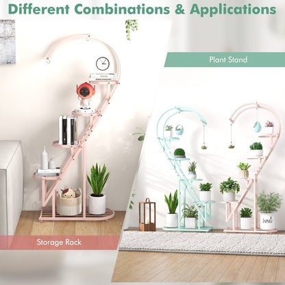 5-Tier Metal Heart-shaped Plant Stand with Hanging Hooks-Pink &amp; Blue