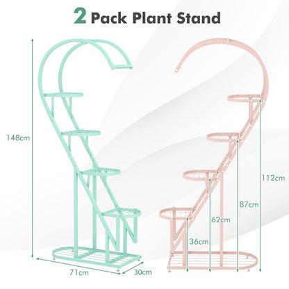 5-Tier Metal Heart-shaped Plant Stand with Hanging Hooks-Pink &amp; Blue