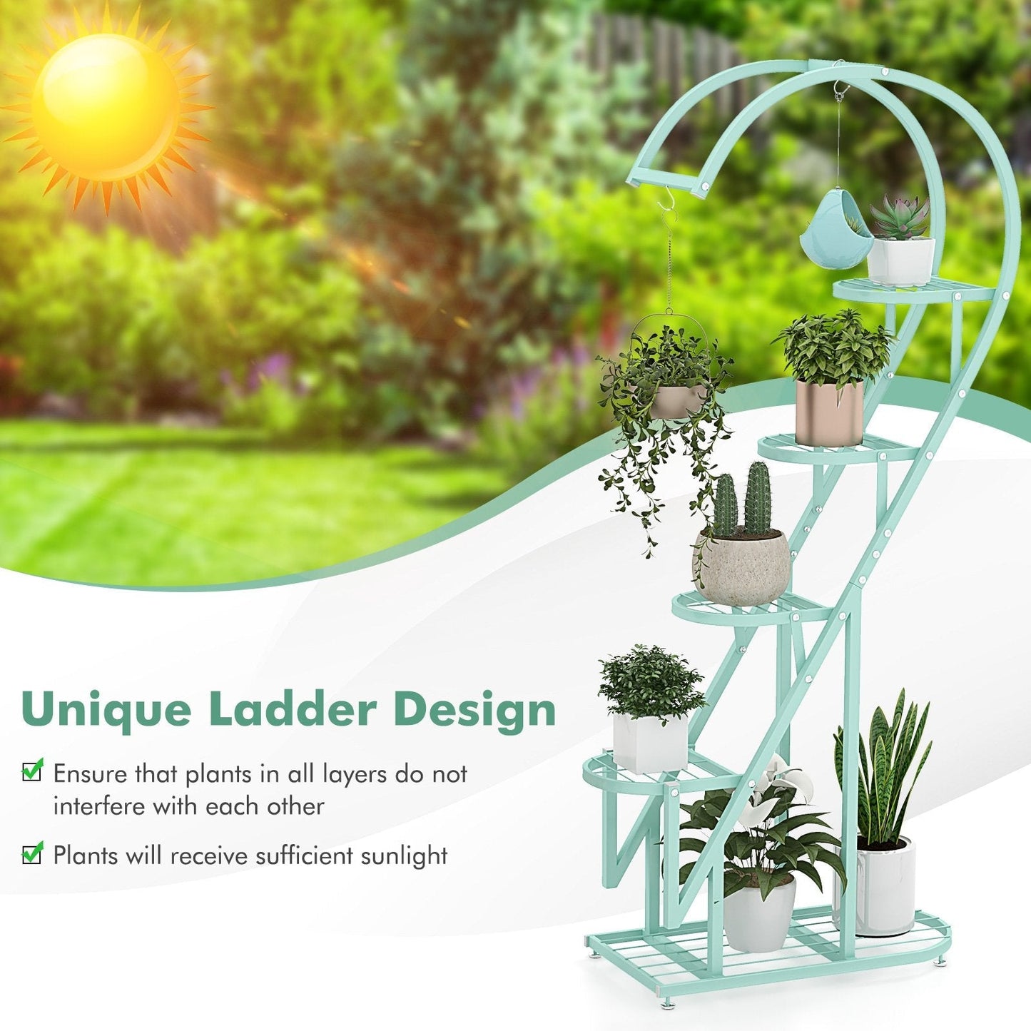 5-Tier Metal Heart-shaped Plant Stand with Hanging Hooks-Pink &amp; Blue