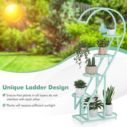 5-Tier Metal Heart-shaped Plant Stand with Hanging Hooks-Pink &amp; Blue