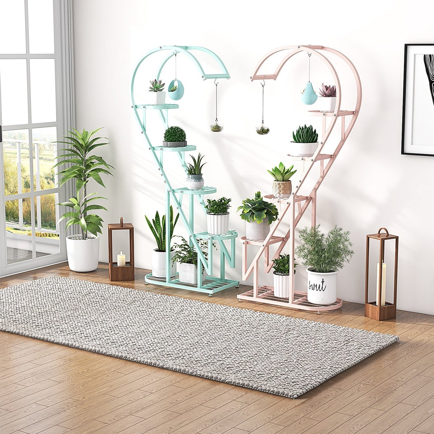 5-Tier Metal Heart-shaped Plant Stand with Hanging Hooks-Pink &amp; Blue
