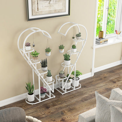 5-Tier Metal Heart-shaped Plant Stand with Hanging Hooks-White