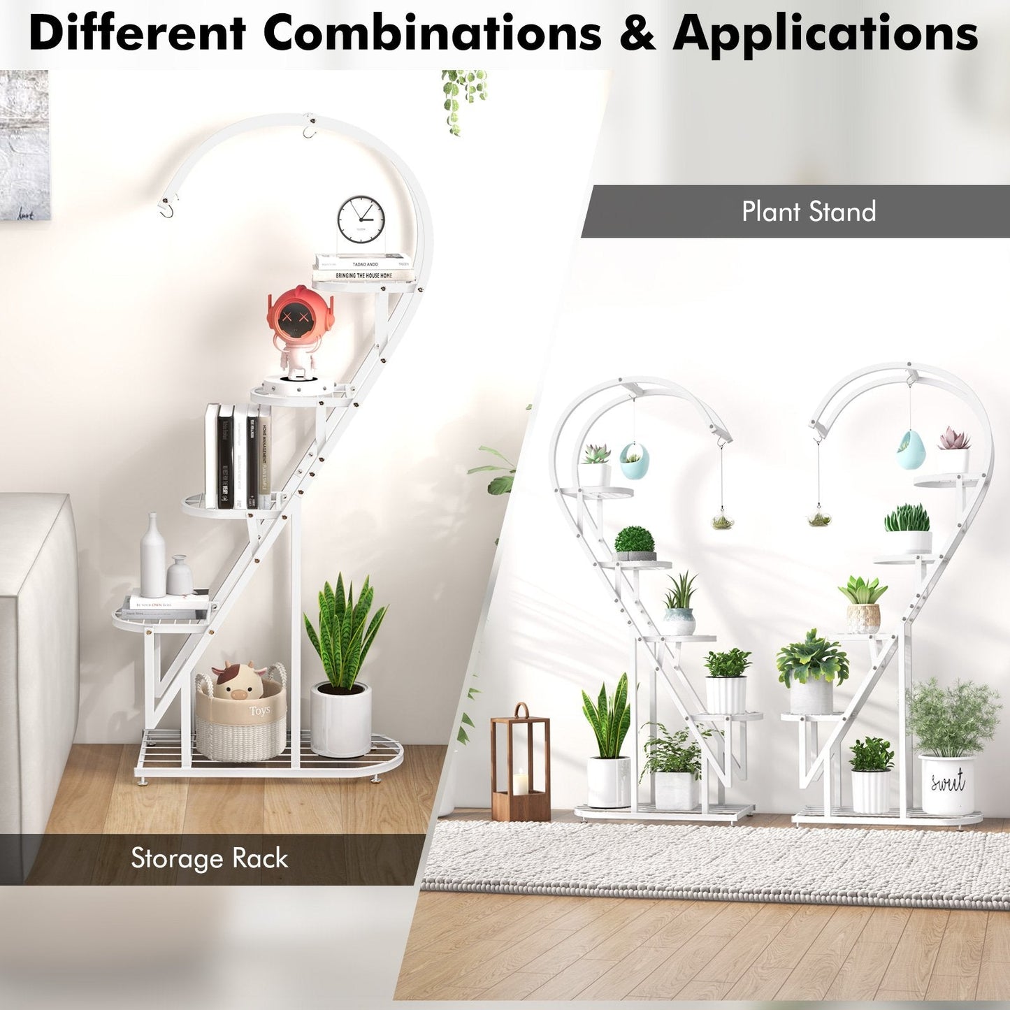 5-Tier Metal Heart-shaped Plant Stand with Hanging Hooks-White