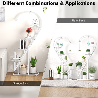 5-Tier Metal Heart-shaped Plant Stand with Hanging Hooks-White
