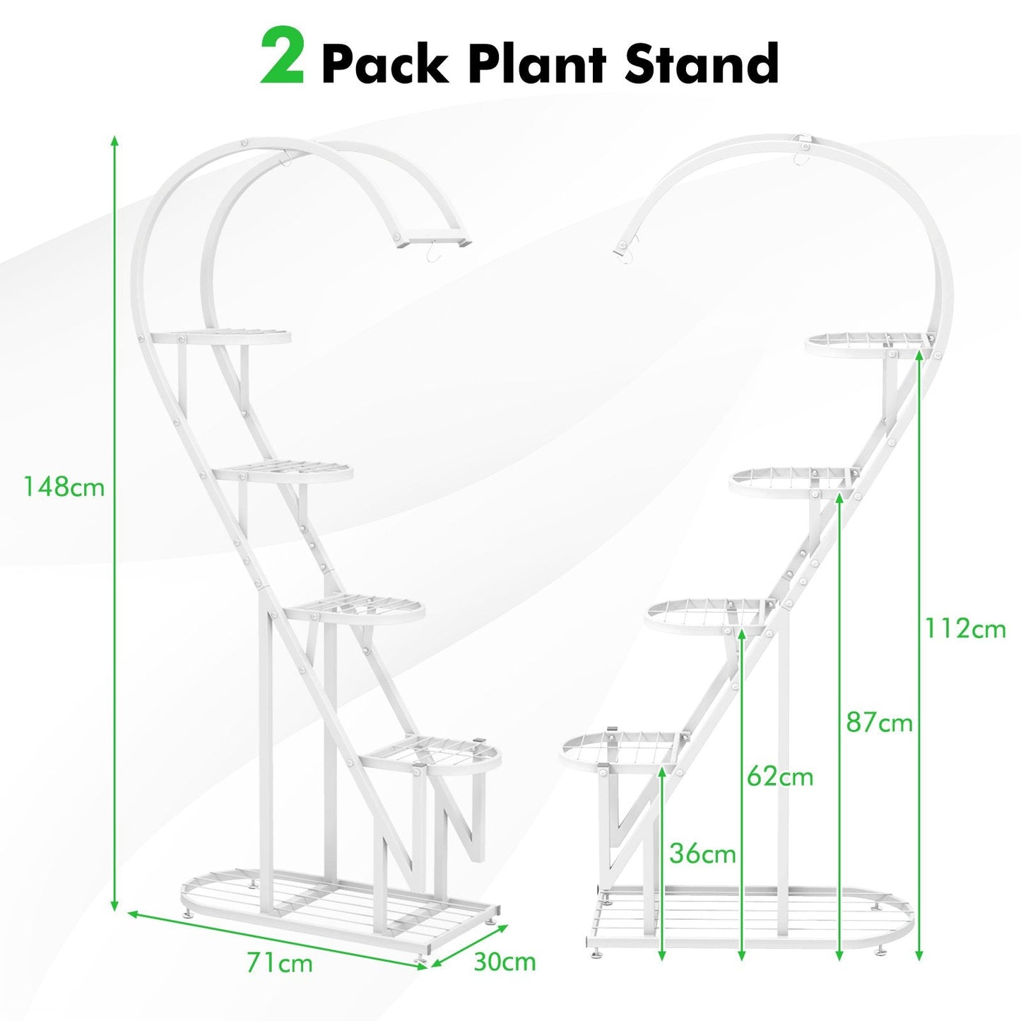 5-Tier Metal Heart-shaped Plant Stand with Hanging Hooks-White