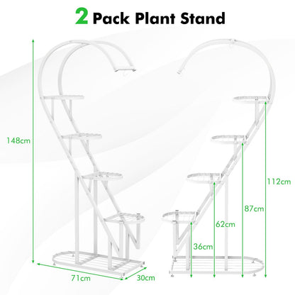 5-Tier Metal Heart-shaped Plant Stand with Hanging Hooks-White