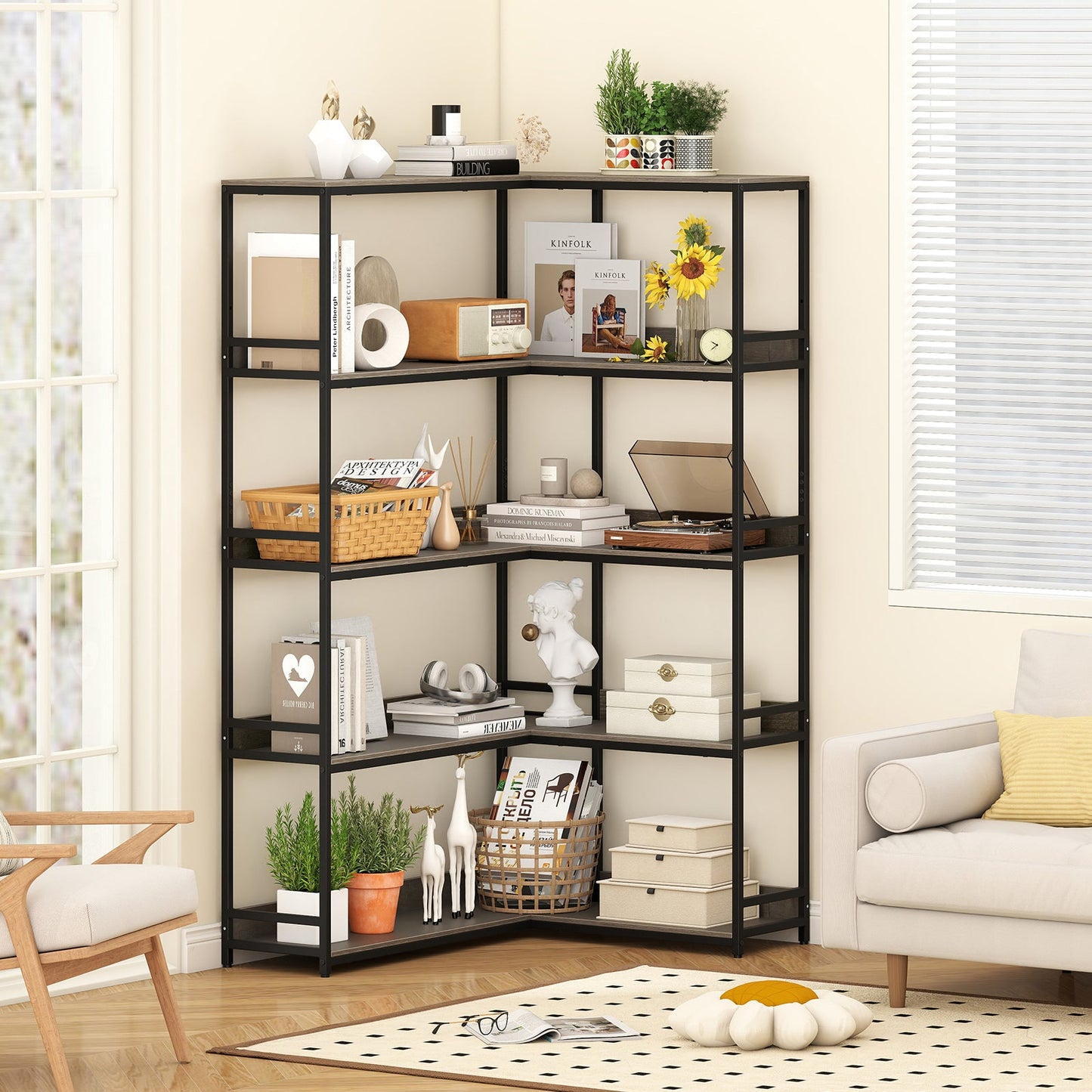 5-Tier Corner Bookshelf with Metal Frame for Living Room-Oak