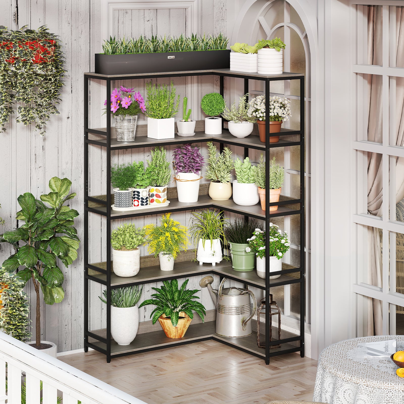 5-Tier Corner Bookshelf with Metal Frame for Living Room-Oak
