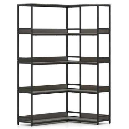 5-Tier Corner Bookshelf with Metal Frame for Living Room-Oak