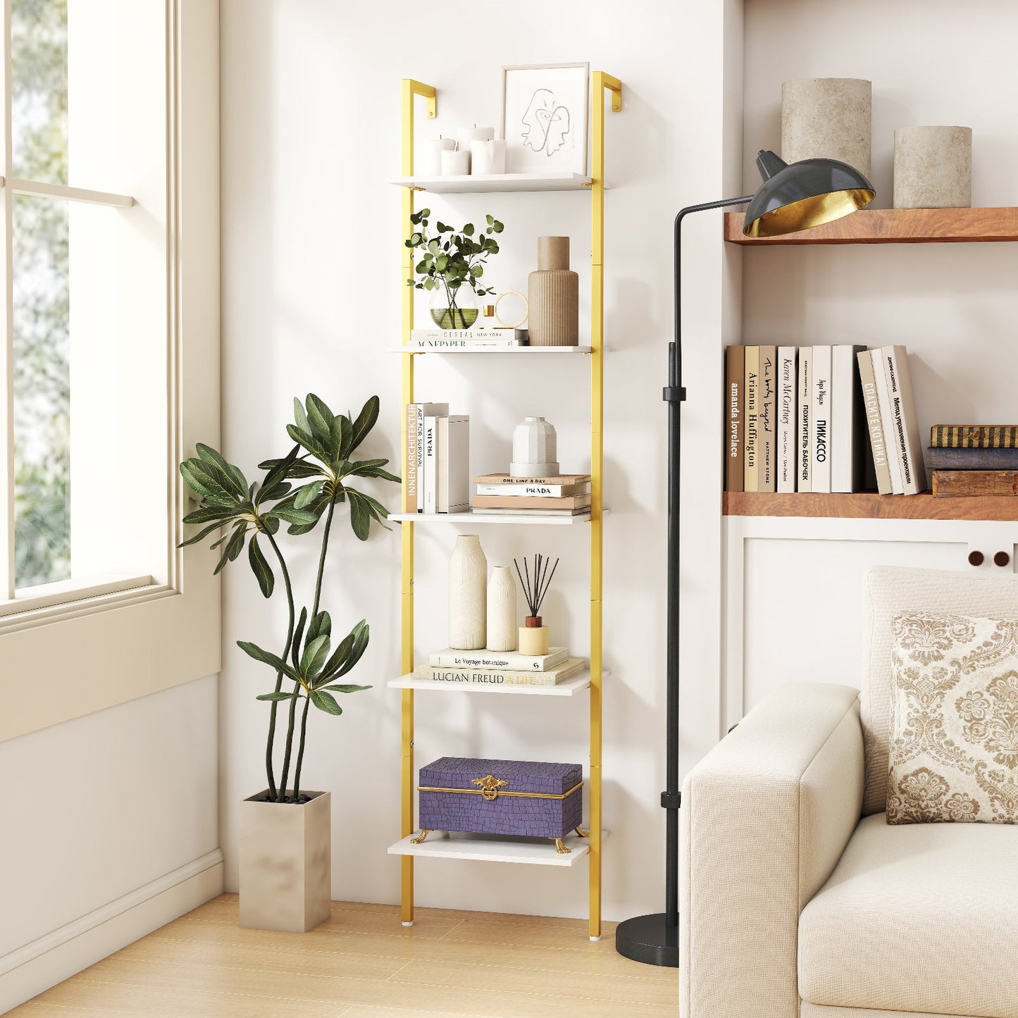 5-Tier Ladder Shelf Wall Mounted Bookshelf with Metal Frame-White & Golden