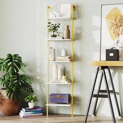 5-Tier Ladder Shelf Wall Mounted Bookshelf with Metal Frame-White & Golden