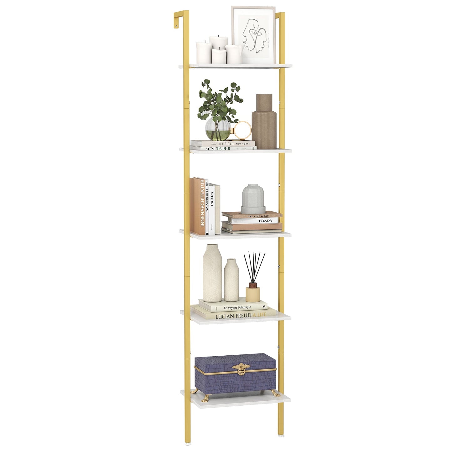 5-Tier Ladder Shelf Wall Mounted Bookshelf with Metal Frame-White & Golden