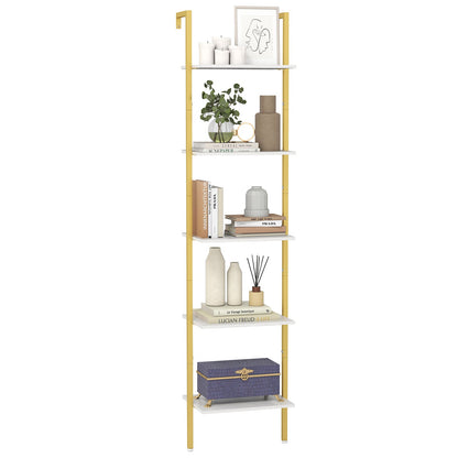 5-Tier Ladder Shelf Wall Mounted Bookshelf with Metal Frame-White & Golden