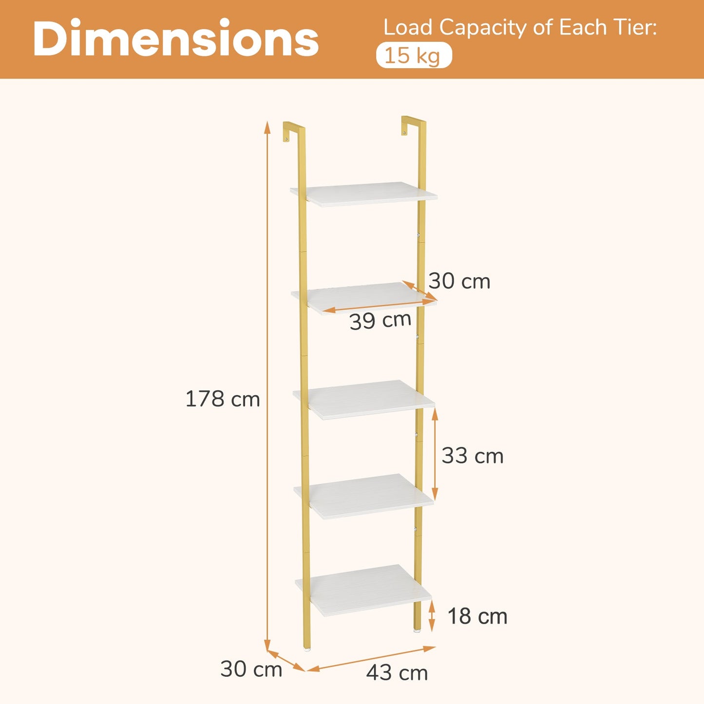 5-Tier Ladder Shelf Wall Mounted Bookshelf with Metal Frame-White & Golden