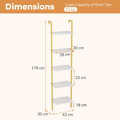5-Tier Ladder Shelf Wall Mounted Bookshelf with Metal Frame-White & Golden