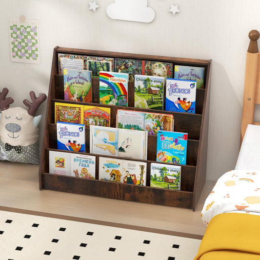5-Tier Wooden Toddler Book Shelf Stand with Deep Compartments-Rustic Brown