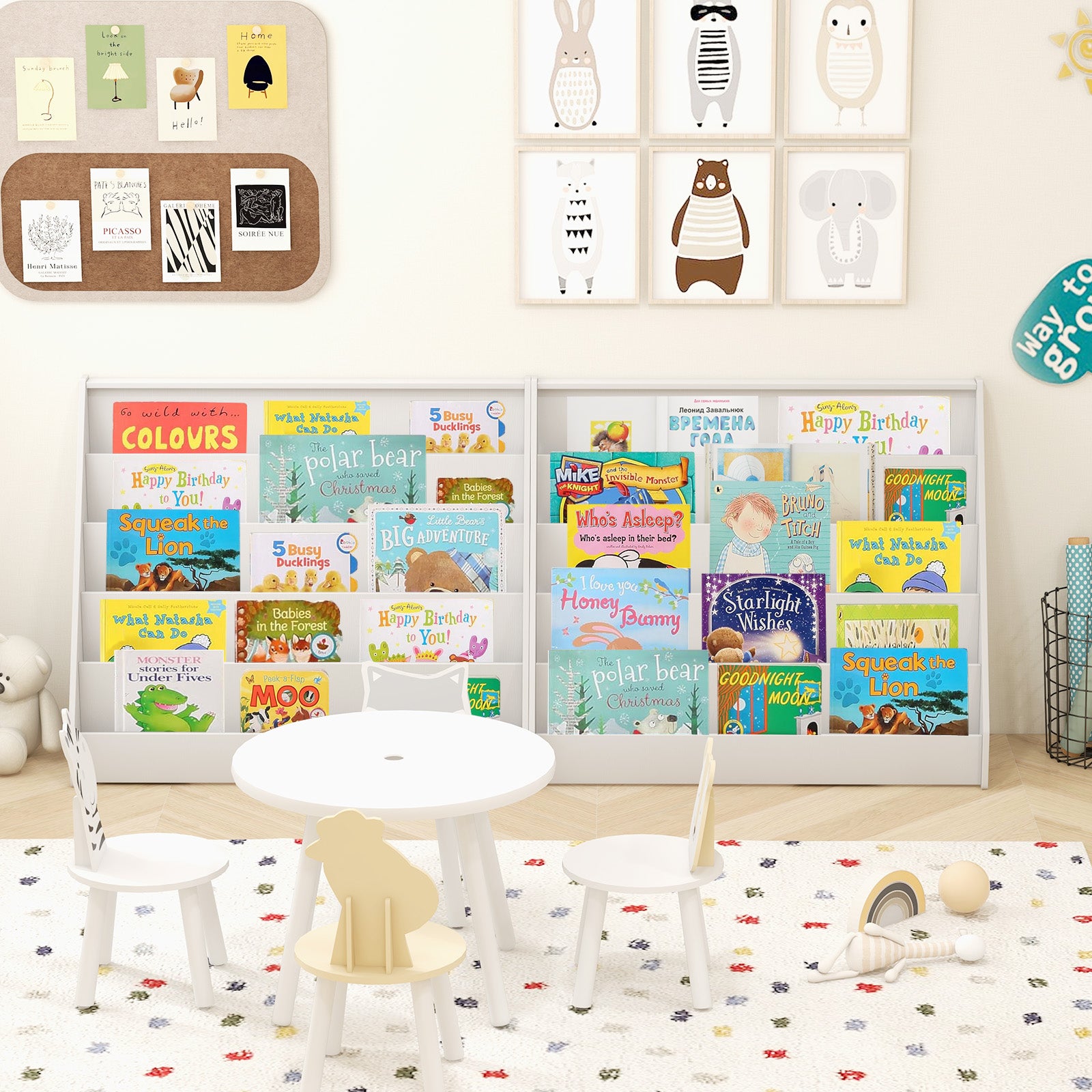 5-Tier Wooden Toddler Book Shelf Stand with Deep Compartments-White