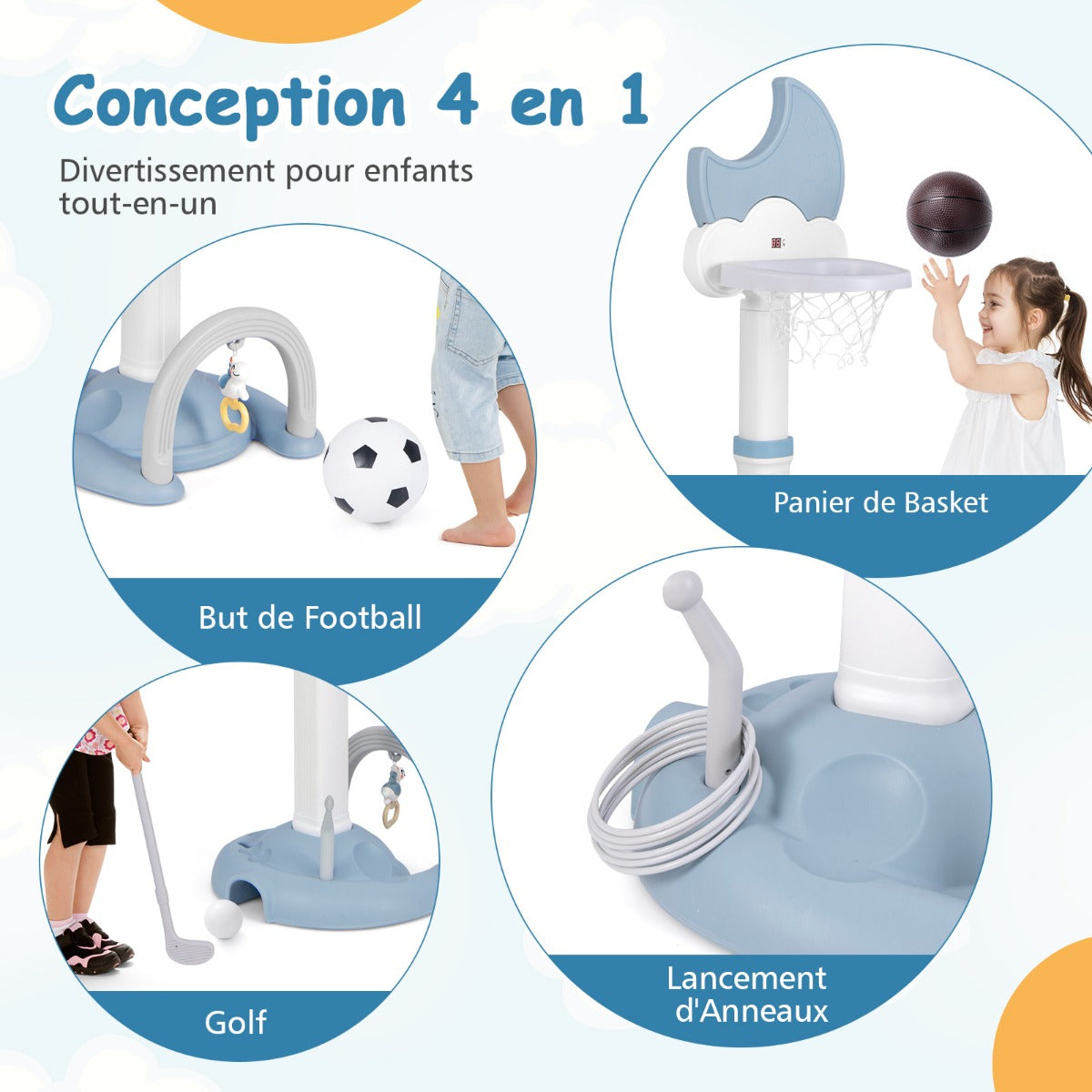 4-In-1 Kids Basketball Hoop with Adjustable Height for Kids-Blue