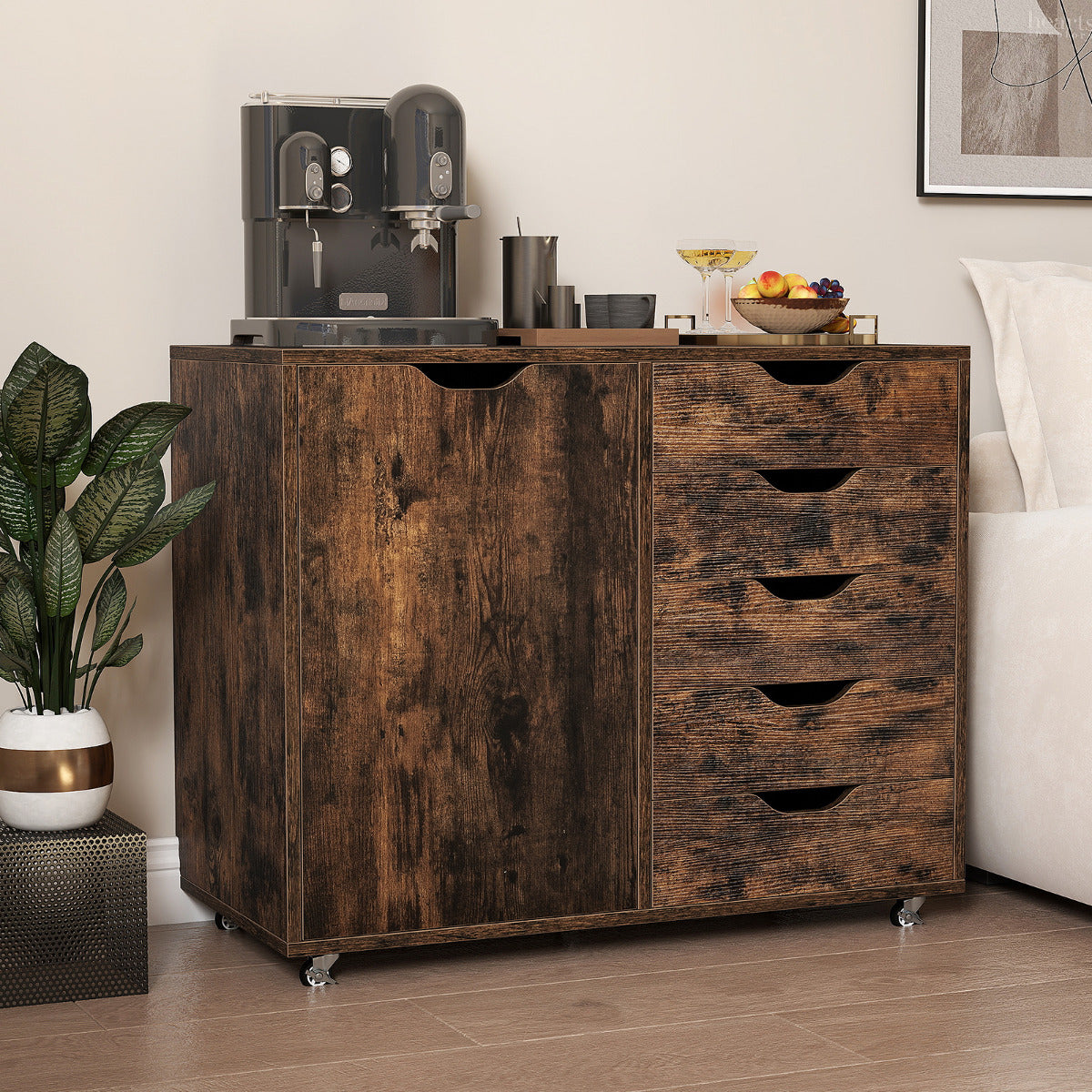 5-Drawer Chest with Door and Adjustable Shelf-Rustic Brown