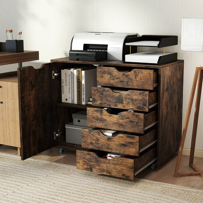 5-Drawer Chest with Door and Adjustable Shelf-Rustic Brown
