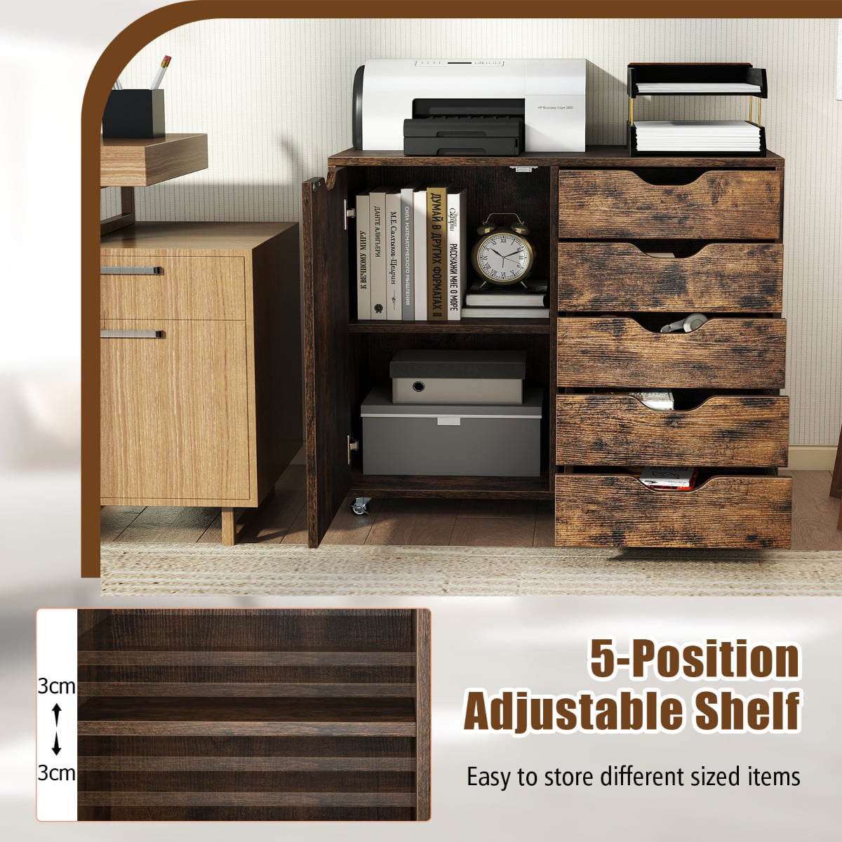 5-Drawer Chest with Door and Adjustable Shelf-Rustic Brown