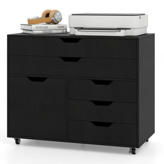 5-Drawer Chest with Door Mobile Chest of Drawers with 5 Casters-Black