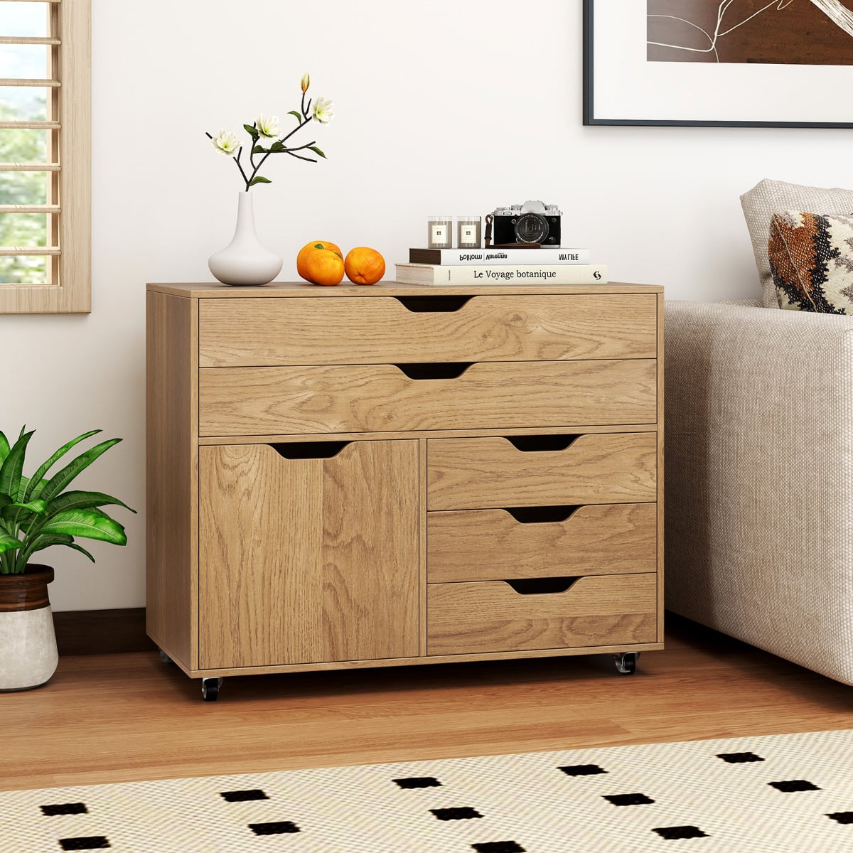 5-Drawer Chest with Door Mobile Chest of Drawers with 5 Casters-Natural