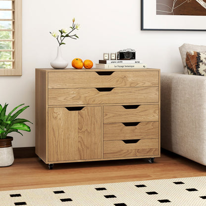 5-Drawer Chest with Door Mobile Chest of Drawers with 5 Casters-Natural