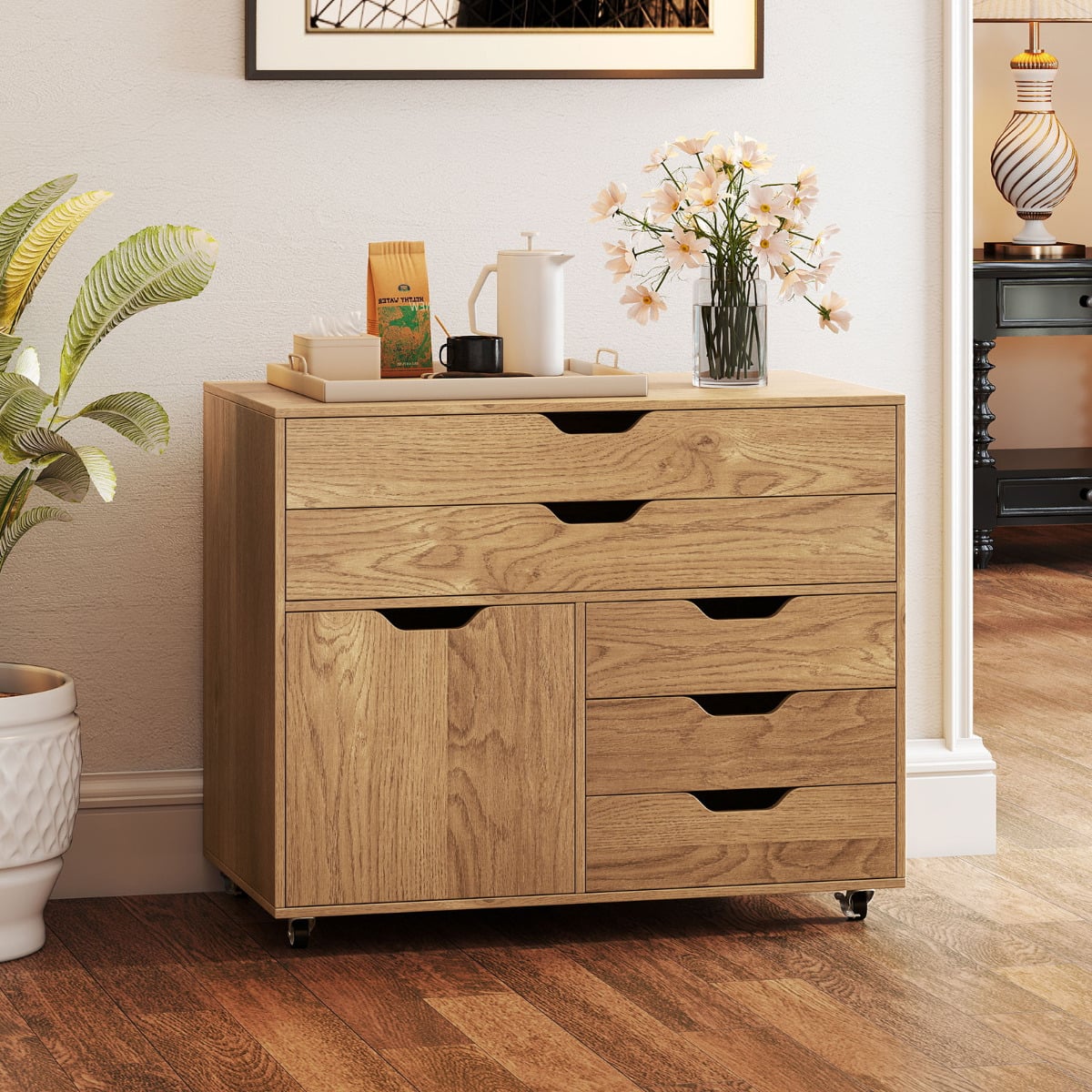 5-Drawer Chest with Door Mobile Chest of Drawers with 5 Casters-Natural