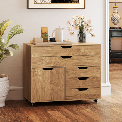 5-Drawer Chest with Door Mobile Chest of Drawers with 5 Casters-Natural