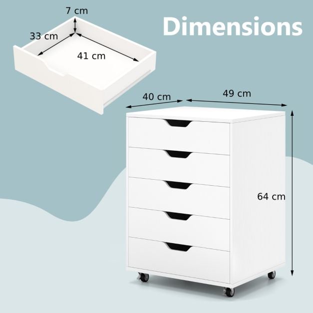 Roll container with 5 drawers Mobile filing cabinet with wheels 48 x 39.5 x 65.5 cm White