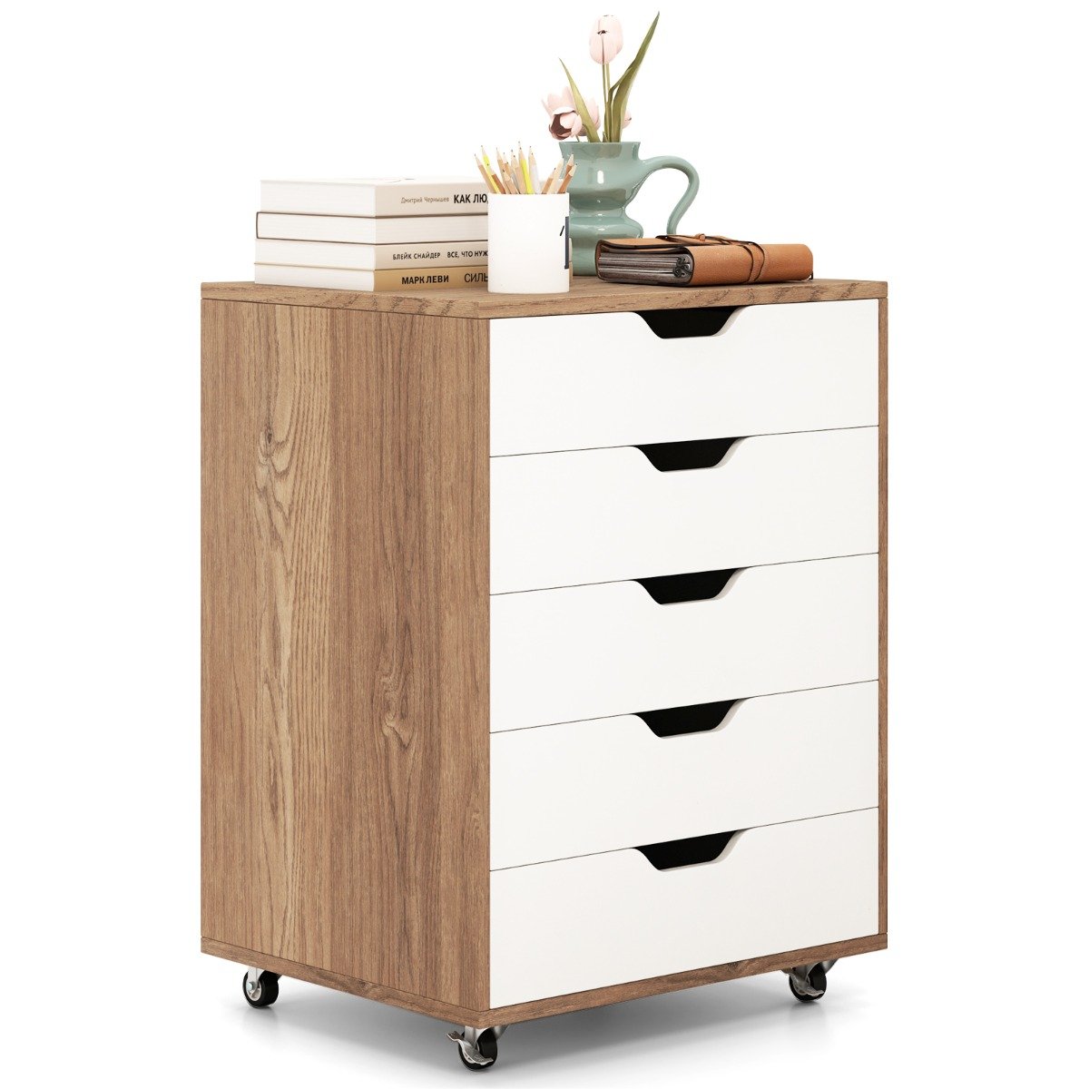 5 Drawer Chest with Wheels for Home and Office-Natural