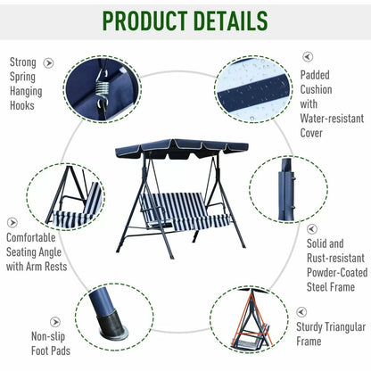 أرجوحة حديقة بثلاثة مقاعد مع مظلة قابلة للتعديل - شريط أزرق