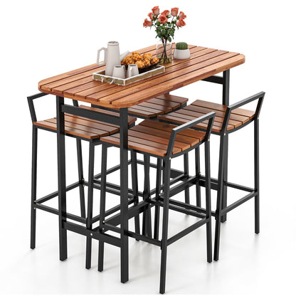 5 Piece Acacia Wood Bar Table Set with Metal Frame and Footrest