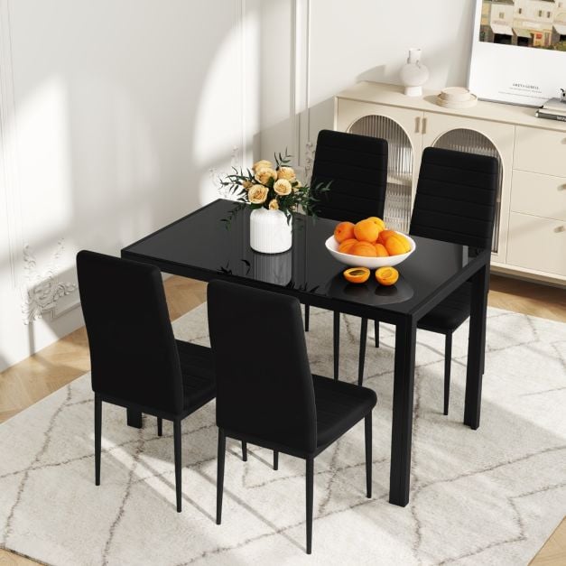 5 Piece Dining Table Set with Glass Tabletop and Metal Legs for Dining Room-Black