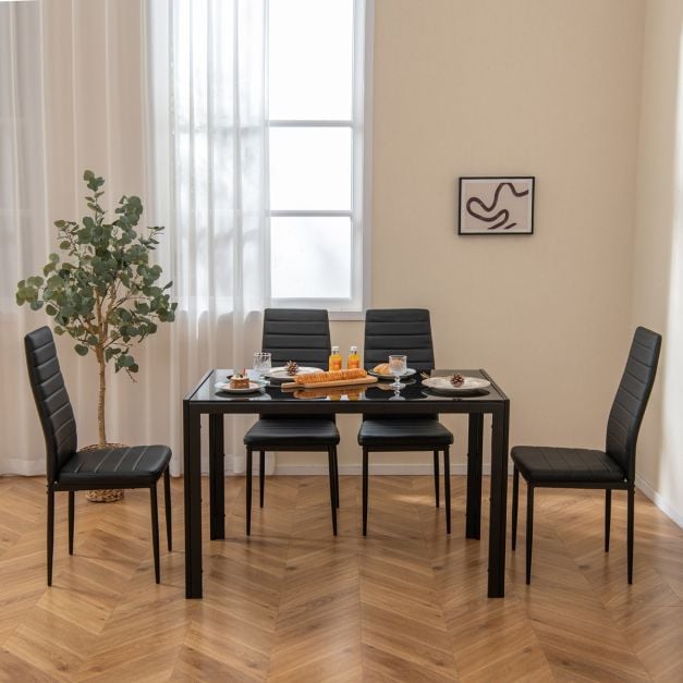 5 Piece Dining Table Set with Glass Tabletop and Metal Legs for Dining Room-Black