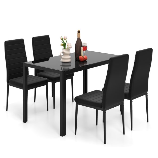5 Piece Dining Table Set with Glass Tabletop and Metal Legs for Dining Room-Black