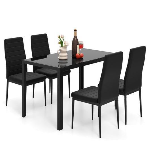 5 Piece Dining Table Set with Glass Tabletop and Metal Legs for Dining Room-Black