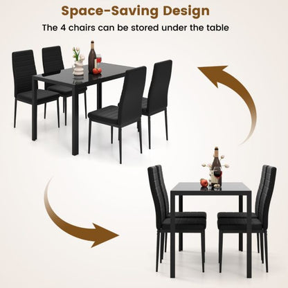 5 Piece Dining Table Set with Glass Tabletop and Metal Legs for Dining Room-Black