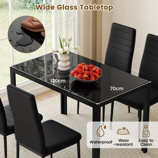 5 Piece Dining Table Set with Glass Tabletop and Metal Legs for Dining Room-Black