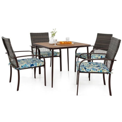 5 Pieces Patio Dining Set 4 Cushioned Rattan Armchairs and Square Table