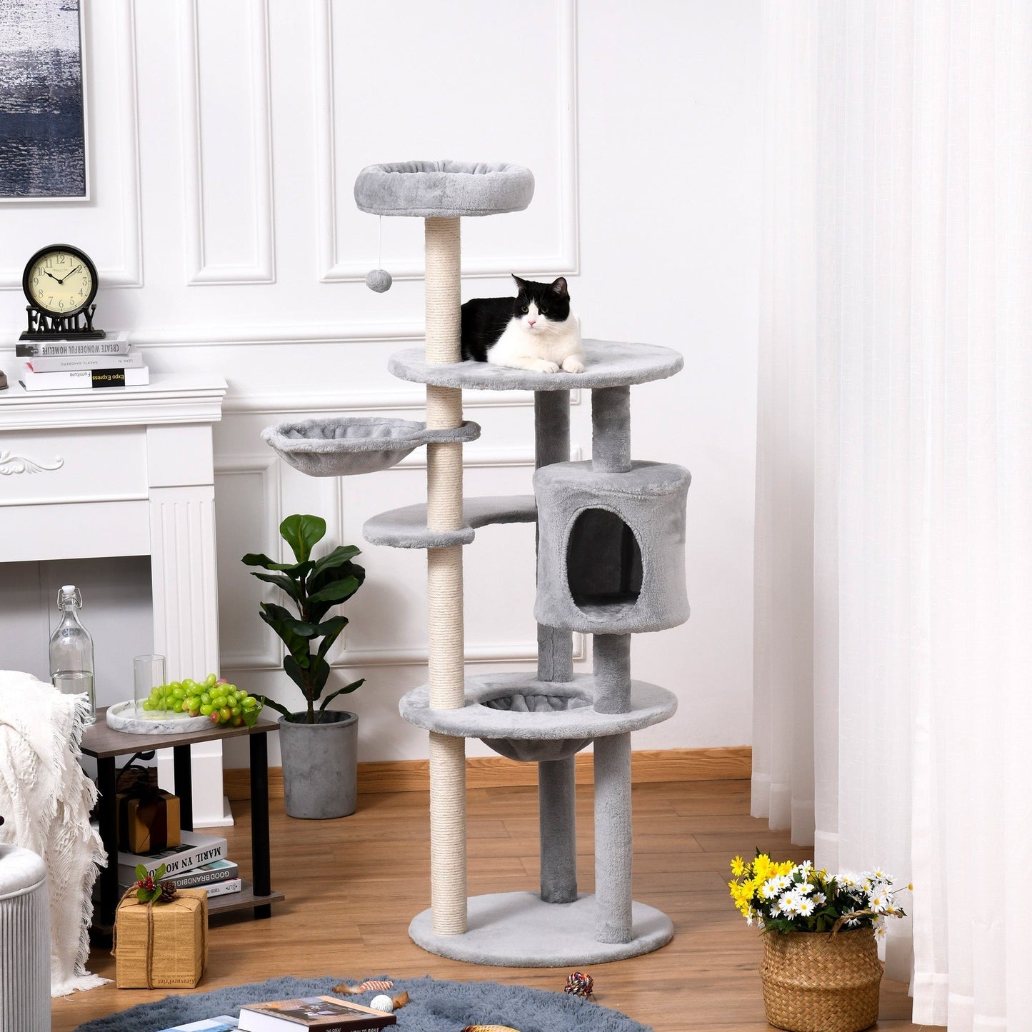 PawHut Cat Tree Tower w/ Scratching Posts Hammock Hanging Ball Condo 58 x 58 x 158cm